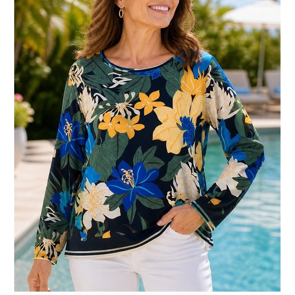 Lands End Sz 1X UPF 50 Top Blue Floral Long Sleeve Rash Guard Swim Pool Vacation - Picture 4 of 8